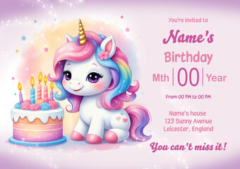 Postcard. Cute cartoon 3D unicorn character. Artificial intelligence. Funny illustration. 3D character. Unicorn birthday party