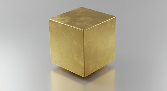 Golden Cube on Gray Background - A single, gold cube sits on a reflective gray surface. Simple, elegant, and perfect for various design projects