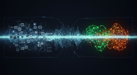 Tech startup drives disruption through digital strategy concept. Abstract digital visualization with sound waves and interconnected data elements.