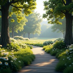 A serene woodland path flanked by trees and wildflowers at sunrise or sunset
