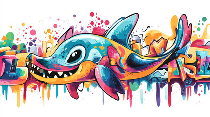 A playful and vibrant graffiti shark design perfect for eye-catching t-shirt prints. The design includes drips and splatters.