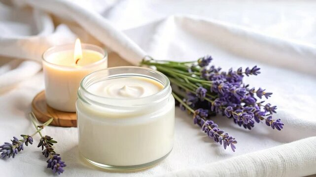 Creamy White Body Butter with Lavender Sprigs on Soft Fabric