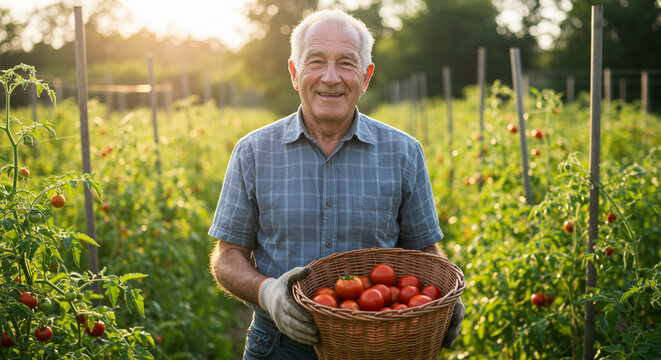 Senior man harvesting tomatoes in garden at sunset
