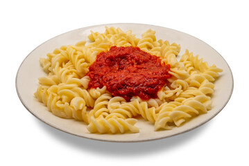 Fusilli macaroni pasta with tomato sauce in plate isolated