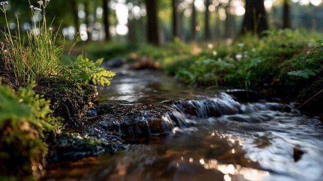 Small forest stream flowing over rocks in early morning light, surrounded by green moss and wild vegetation, peaceful natural scene &ndash; Generative AI