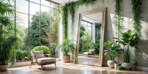 Fototapeta premium A serene and elegant interior with a large mirror reflecting a peaceful atmosphere, surrounded by lush greenery and soft natural light , peaceful ambiance, reflective light