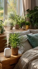 Aroma Diffuser Emitting Steam Beside Bedside Table Plants for Relaxation