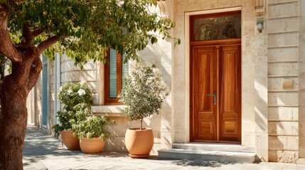 Fototapeta premium Elegant modern house entrance with potted plants, showcasing minimalist design and natural harmony. 
