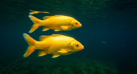 Naklejka premium Golden Fish Underwater Duo - Two vibrant golden fish swim gracefully underwater, creating a serene and captivating scene