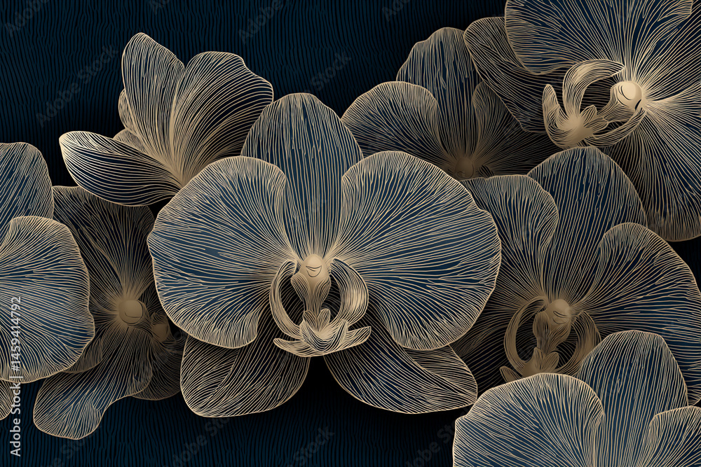 Poster close-up of dark blue orchids with gold line art, creating elegant and luxurious floral pattern, ide