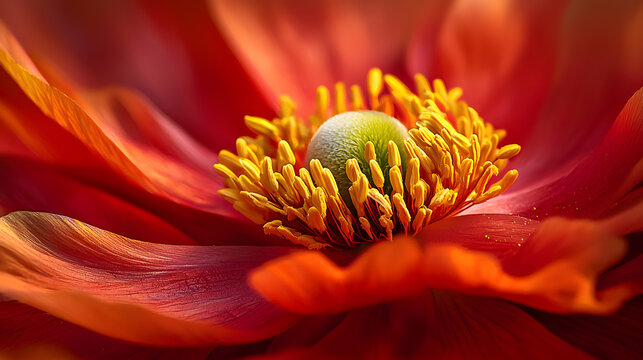Crimson Poppy Blossom Macro: A breathtaking macro photograph captures the delicate beauty of a crimson poppy blossom, showcasing its vibrant colors, intricate details, and captivating texture.