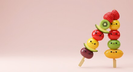 Naklejka premium cute cartoon illustration, create 3d fruit skewers on the right side against a pastel backdrop, with ample copy space on the left, capture in crystal clear style for photos