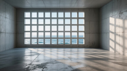 Obraz premium Abstract modern concrete room with panel walls, a shaft of ceiling light, rough textured floor, and sunlight casting shadows, creating a minimal and industrial space.