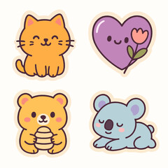 Cute Cartoon Animals Sticker Set with Cat, Bear, Koala, and Heart