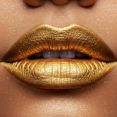 close up of female lips with gold lipstick