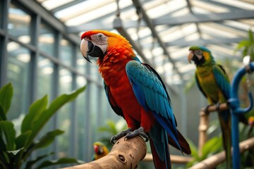 Obraz premium Regal Colorful Macaw Perched Majestically on Wooden Stand in Spacious Indoor Aviary, Showcasing Vibrant Plumage Against a Dim Background