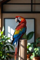 Obraz premium Vibrant Macaw Displaying Exquisite Colorful Feathers While Perched on a Strong Wooden Stand in a Well-Lit, Roomy Indoor Aviary Environment