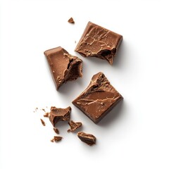 Broken milk chocolate bar pieces scattered on a white background.  A high angle close up view of several pieces, showing a smooth, dark brown surface and broken edges