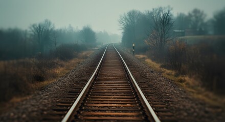 Fototapeta premium Railroad tracks stretching into the distance on a foggy day with trees lining the sides