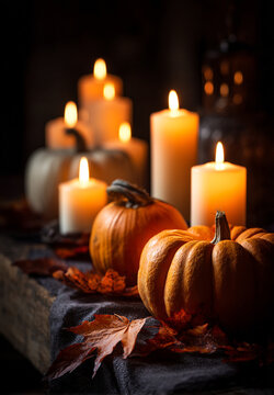 Warm candlelight glows over rustic pumpkins and autumn leaves on wooden table, creating cozy, inviting fall atmosphere perfect for seasonal celebrations and gatherings