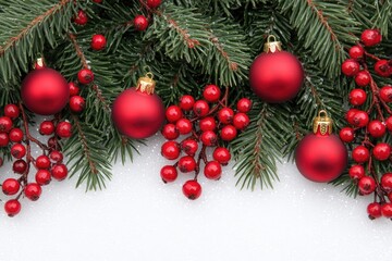 Festive Christmas border with sprigs of pine, red berries and baubles on a snowy background