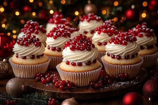 Festive cupcakes topped with creamy frosting and cranberries