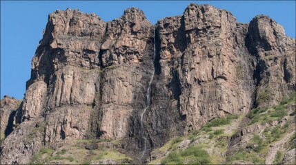 Dramatic Waterfall Over Dark Cliffs and Lush Vegetation