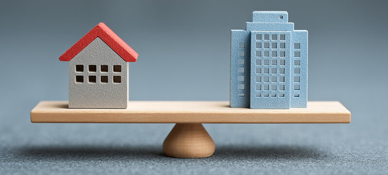 House building balance scale comparison real estate property investment equilibrium concept. wooden scale balances small house and tall building symbolizing real estate investment choices