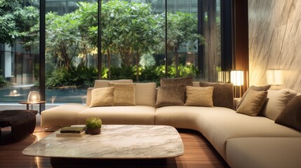 Elegant neutral sofa with velvet cushions by marble table, warm lamp light; sophisticated interior with soft outdoor greenery.
