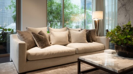 Fototapeta premium Elegant neutral sofa with velvet cushions by marble table, warm lamp light; sophisticated interior with soft outdoor greenery. 