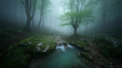 Misty Forest Brook With Long Exposure Photography