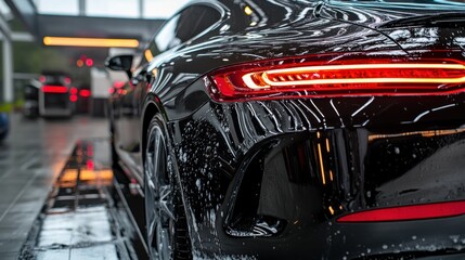 Luxury Car Wash: Gleaming Black Automobile at a Modern Car Wash Facility