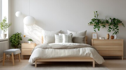 Serene Bedroom Retreat: a bright and airy bedroom features a minimalist bed, elegant nightstands, and natural light streaming in, creating a tranquil and inviting atmosphere.