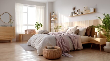 Serene Bedroom Retreat: Sunlight streams through a window, illuminating a tranquil bedroom space. This inviting scene blends comfort with minimalist design.