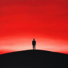 Man on hill against red sky