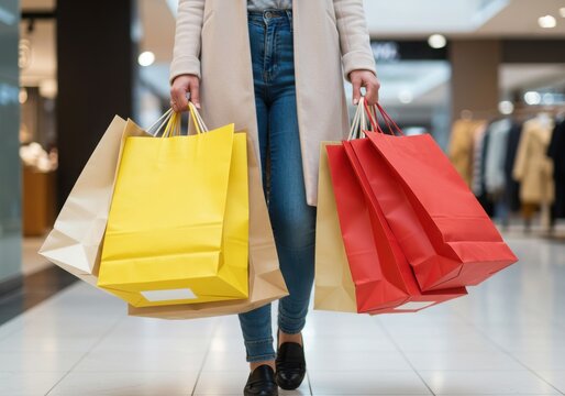 Woman carrying colorful shopping bags walking in shopping mall area