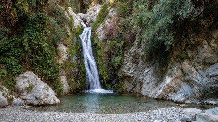 Fototapeta premium Serene Waterfall Cascading Into Stone Lined Pool