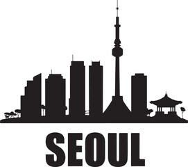 Naklejka premium Seoul City Skyline SilhouetteTraditional Seoul Temple VectorN Seoul Tower Minimalist ArtSeoul at Night CityscapeKorean Architecture Silhouette Design