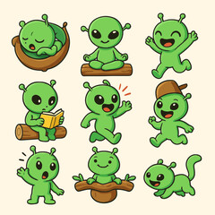 Obraz premium Cartoon Alien Character Poses Set Illustration Green Extraterrestrial Figures