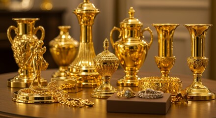 Golden Treasures: A Collection of Luxury Artifacts - A stunning display of ornate gold vessels, jewelry, and decorative pieces. Luxurious and opulent, perfect for representing wealth, success