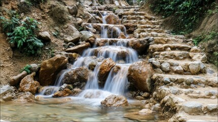 Fototapeta premium Tiered Waterfall Cascading Over Multilevel Rocks