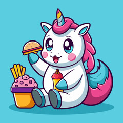 Download Cute Unicorn Eating Donut With French Fries And Soda Cartoon Vector Eps File For Design.