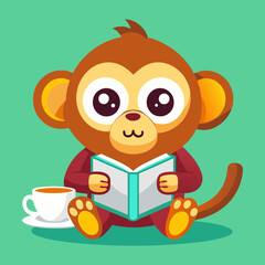 Download Cute Monkey Reading Book With Coffee Cartoon Vector Icon Illustration Eps File For Design.
