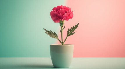 Obraz premium A carnation in a minimalist ceramic vase on a pastel background.
