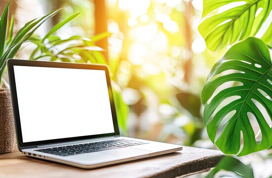 Laptop computer on a wooden table, surrounded by lush greenery and sunlight.  A blank screen provides a neutral background