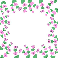 Symbolic heart shape twigs against heart shape spots pink and green Frame border Copy space Template