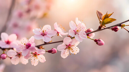 Obraz premium Cherry blossom branch close-up with soft pink petals in sunlight, spring floral nature background macro photography