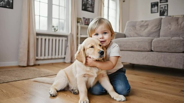 A blonde toddler kneels on hardwood flooring hugging a gentle golden retriever puppy in a sunlit living room. Concept of childhood bonding and unconditional pet friendship