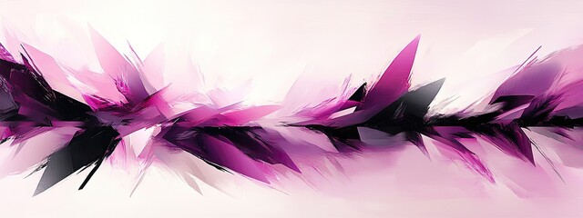 Obraz premium Abstract design with a stream of layered, angular shapes in shades of pink and purple, against a light background. Delicate, almost feather-like elements create a dynamic, flowing composition