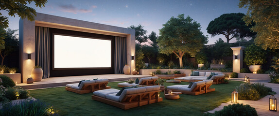 Fototapeta premium Luxurious outdoor cinema experience under a starry night with cozy loungers